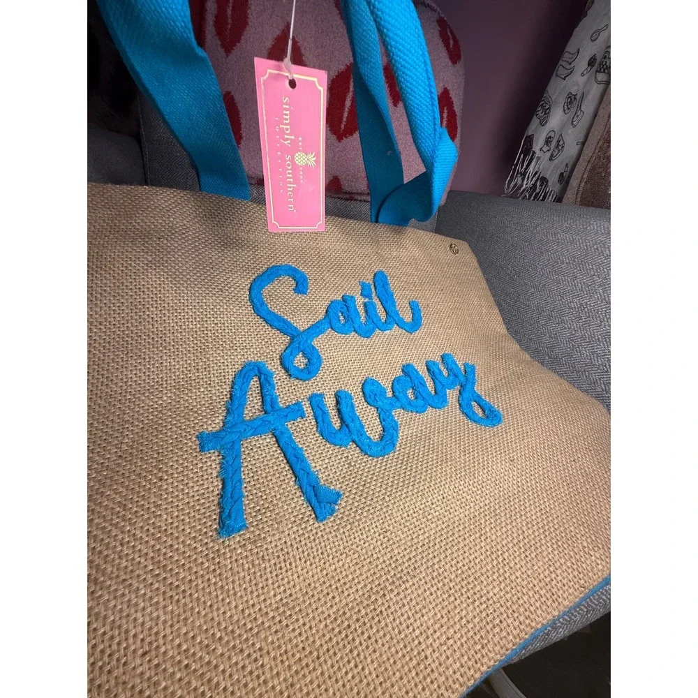 Simply Southern Sail Away Jute Tote Bag Blue Tan Nautical Beach Bag